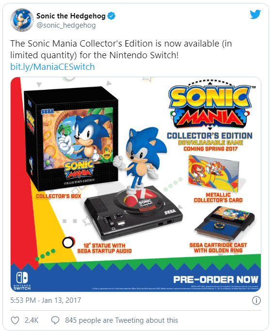 A Tweet from Sonic the Hedgehog promoting The Sonic Mania Collector's Edition.