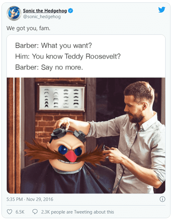 A Tweet from Sonic the Hedgehog making a joke about Dr Robotnik's resemblance to Teddy Roosevelt.